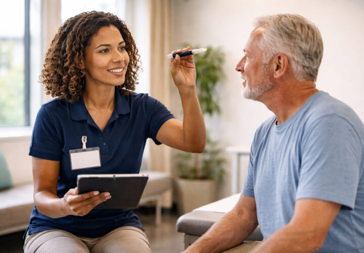 A physical therapist examines an older man's eyes with a penlight, assessing for dizziness or vertigo in a medical office specializing in Vestibular Rehabilitation in Apopka, FL.