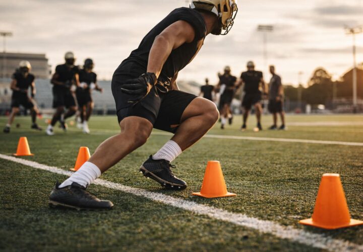 A football player weaves between orange cones during a drill on a field at sunset, showcasing agility and skills essential for Physical Therapy Clermont programs.
