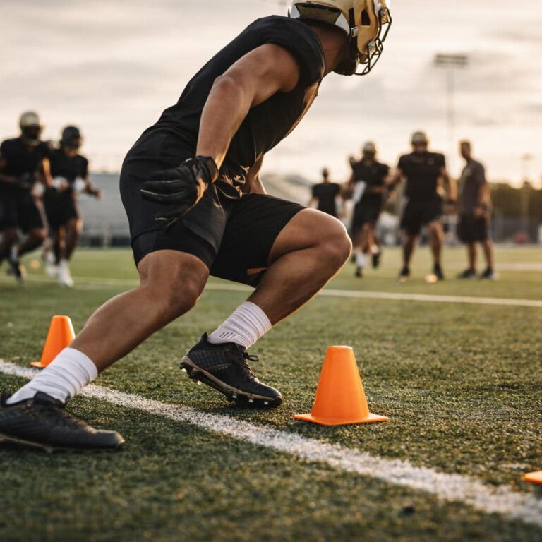 A football player weaves between orange cones during a drill on a field at sunset, showcasing agility and skills essential for Physical Therapy Clermont programs.